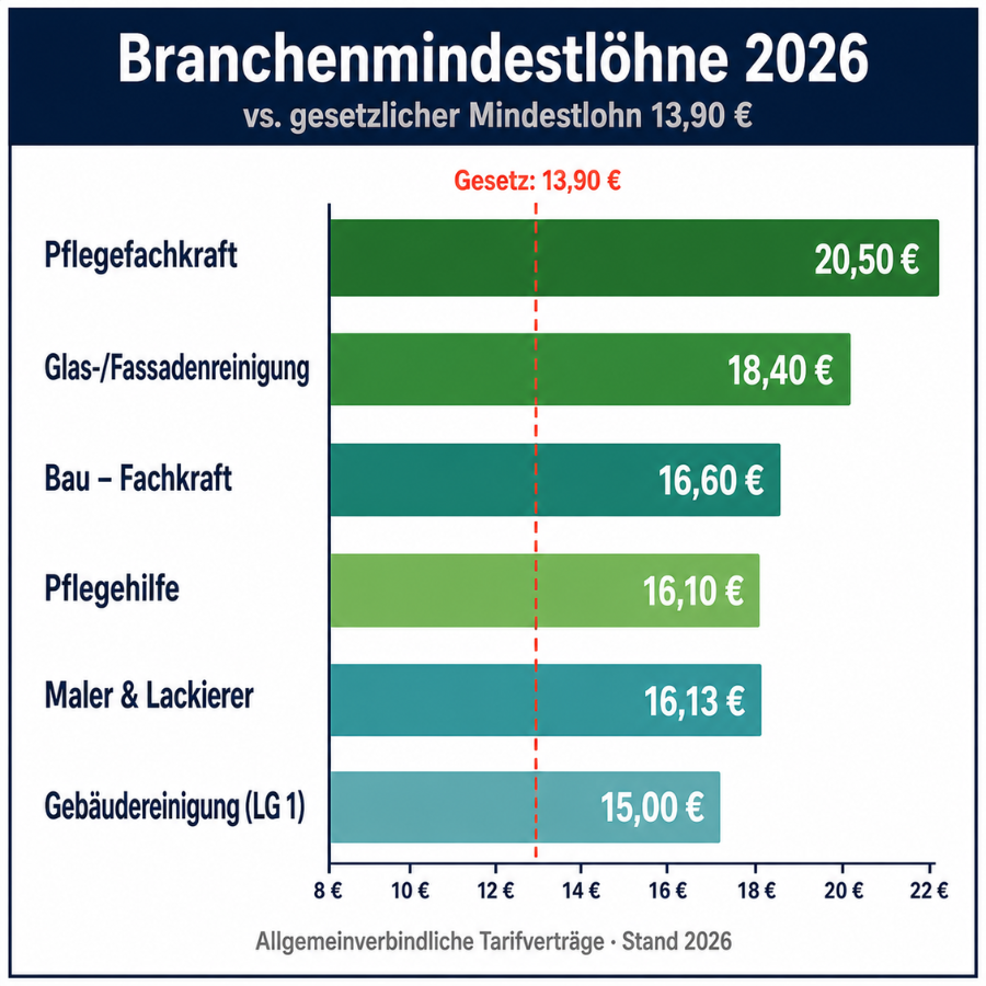 Branchenmindestlöhne 2026 im Vergleich: Pflegefachkraft 20,50 Euro, Glasreinigung 18,40 Euro, Bau 16,60 Euro, Pflegehilfe 16,10 Euro, Maler 16,13 Euro, Gebäudereinigung 15,00 Euro – alle über dem gesetzlichen Mindestlohn von 13,90 Euro