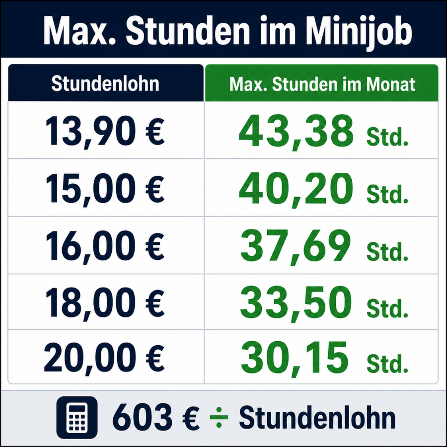 Minijob Stunden Berechnung 2026 Tabelle Stundenlohn und maximale Stunden