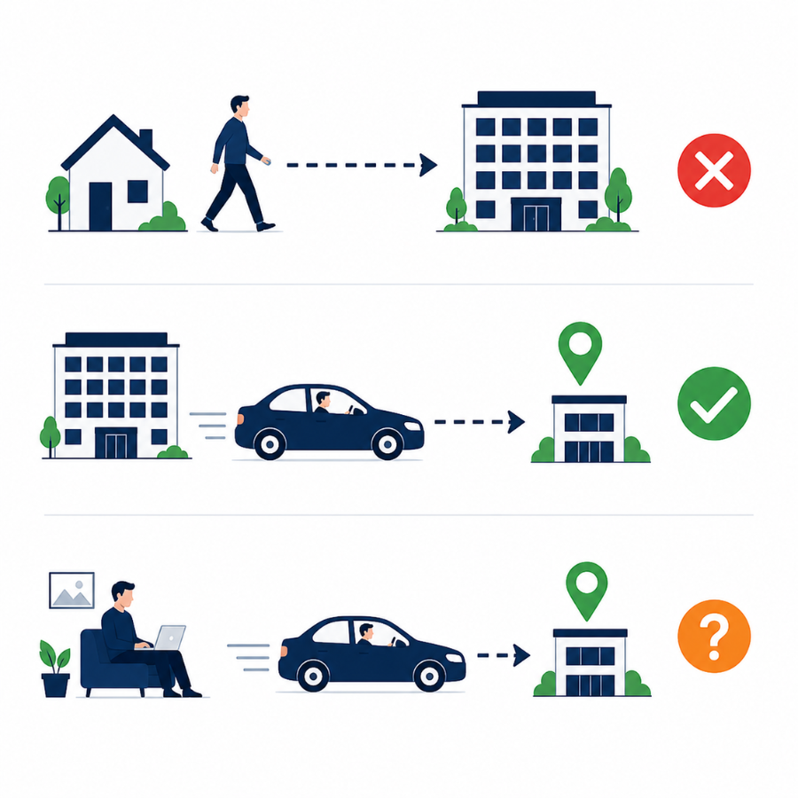 Drei Szenarien der Reisezeit: Wegezeit ins Büro, Fahrt zum Kunden als Arbeitszeit, und Homeoffice-zum-Kunden als Grauzone