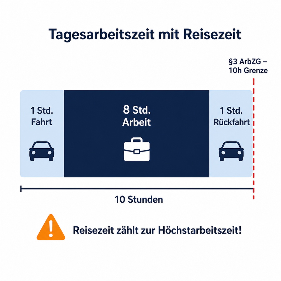 Infografik Tagesarbeitszeit mit Reisezeit: 1 Stunde Fahrt, 8 Stunden Arbeit, 1 Stunde Rückfahrt erreicht die 10-Stunden-Grenze nach §3 ArbZG