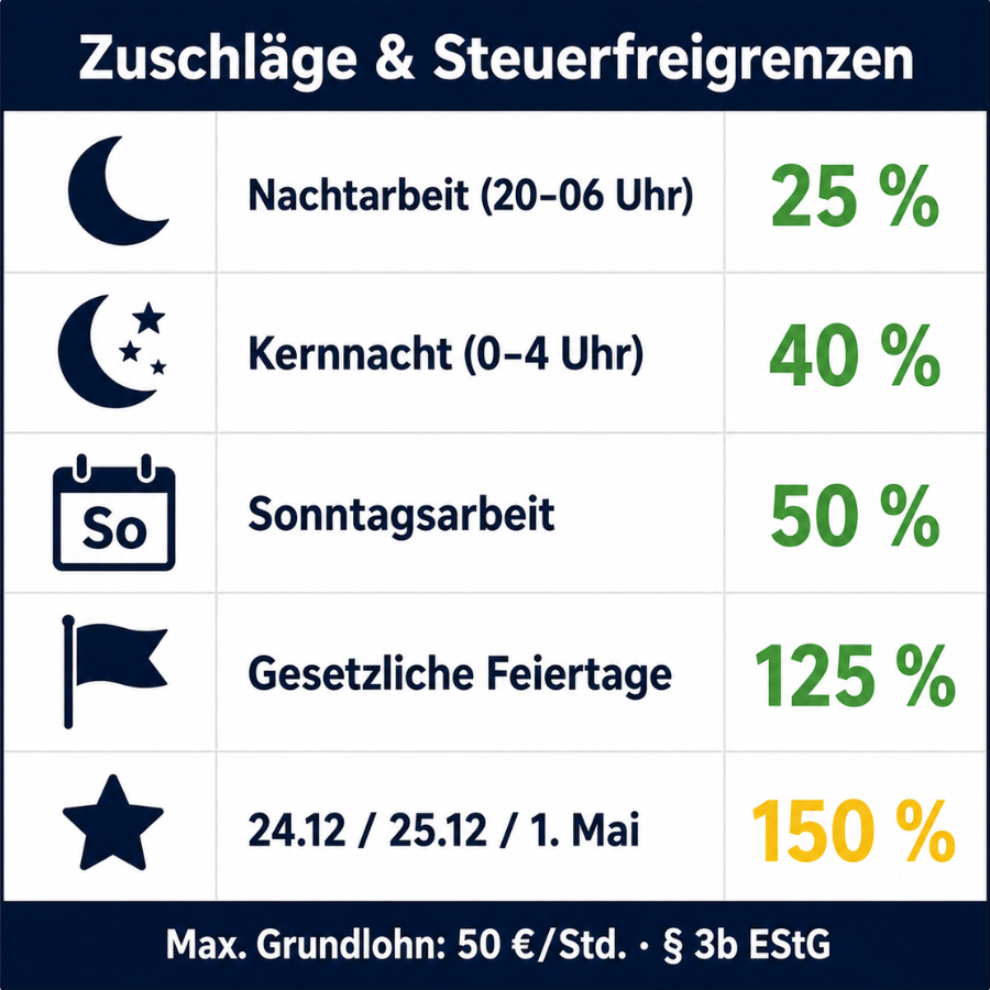 Übersichtstabelle steuerfreie Schichtzuschläge: Nachtarbeit 25 %, Kernnacht 40 %, Sonntag 50 %, Feiertag 125 %, Weihnachten und 1. Mai 150 % nach § 3b EStG