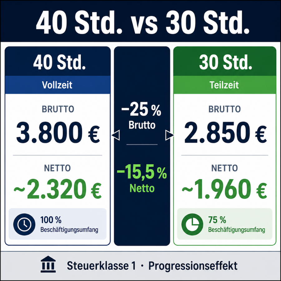 Vergleich Vollzeit und Teilzeit 40 vs 30 Stunden Brutto Netto Unterschied Deutschland