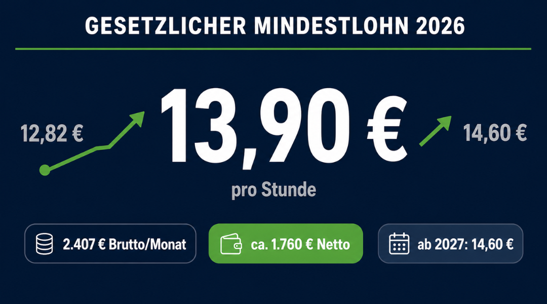 Mindestlohn 2026 Infografik: 13,90 Euro pro Stunde, 2.407 Euro Brutto pro Monat, ca. 1.760 Euro Netto, ab 2027 steigt er auf 14,60 Euro