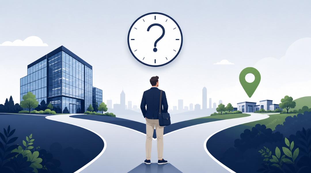 Illustration Reisezeit als Arbeitszeit – Geschäftsreisender am Scheideweg zwischen Büro und Kundentermin mit Uhr-Symbol